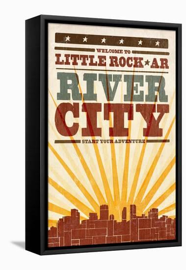 Little Rock, Arkansas - Skyline and Sunburst Screenprint Style-Lantern Press-Framed Stretched Canvas