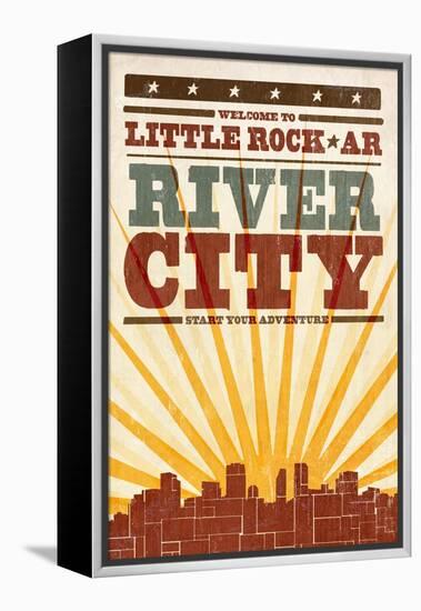 Little Rock, Arkansas - Skyline and Sunburst Screenprint Style-Lantern Press-Framed Stretched Canvas