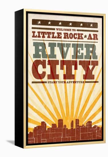 Little Rock, Arkansas - Skyline and Sunburst Screenprint Style-Lantern Press-Framed Stretched Canvas