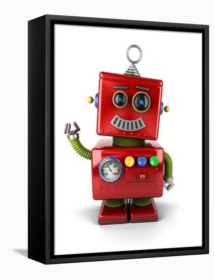 Little Vintage Toy Robot Waving Hello over White Background-badboo-Framed Stretched Canvas