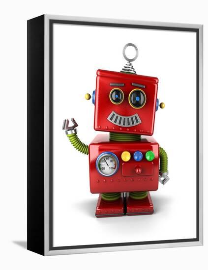 Little Vintage Toy Robot Waving Hello over White Background-badboo-Framed Stretched Canvas