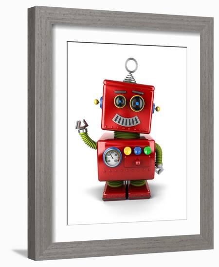 Little Vintage Toy Robot Waving Hello over White Background-badboo-Framed Art Print