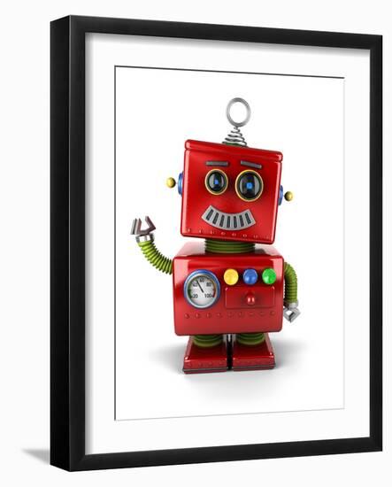 Little Vintage Toy Robot Waving Hello over White Background-badboo-Framed Art Print