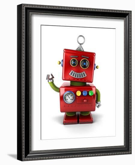 Little Vintage Toy Robot Waving Hello over White Background-badboo-Framed Art Print