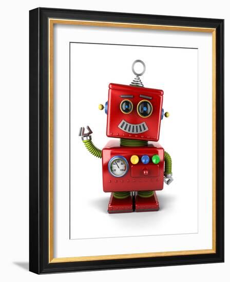 Little Vintage Toy Robot Waving Hello over White Background-badboo-Framed Art Print