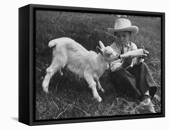 Little White Goat Being Fed from Bottle by Little Boy, at White Horse Ranch-William C^ Shrout-Framed Premier Image Canvas