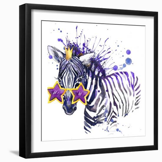 Little Zebra T-Shirt Graphics. Little Zebra Illustration with Splash Watercolor Textured Backgroun-Dabrynina Alena-Framed Art Print