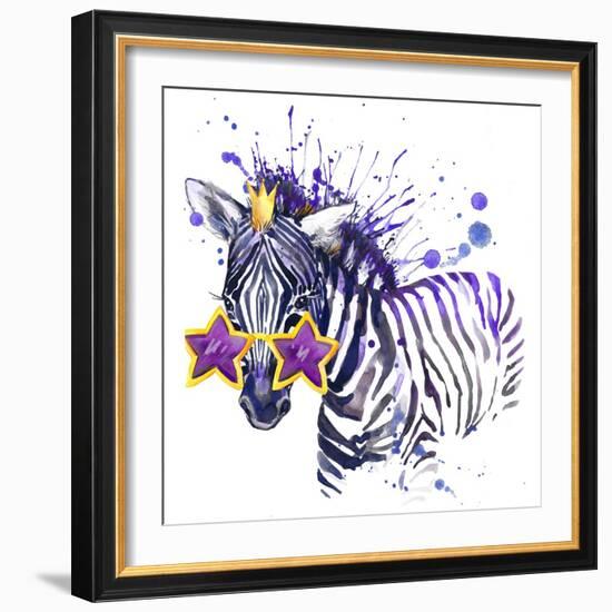 Little Zebra T-Shirt Graphics. Little Zebra Illustration with Splash Watercolor Textured Backgroun-Dabrynina Alena-Framed Art Print