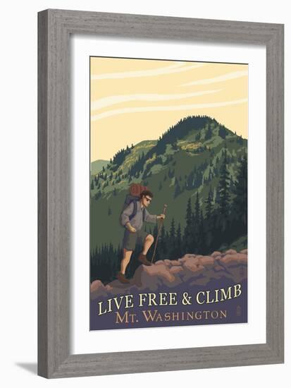 Live Free and Climb, Mt. Washington - Hiker Scene-Lantern Press-Framed Art Print