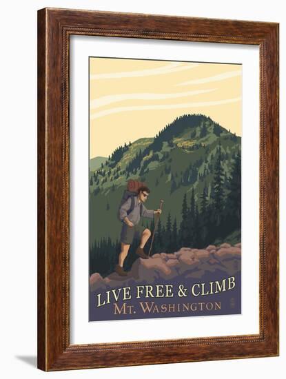 Live Free and Climb, Mt. Washington - Hiker Scene-Lantern Press-Framed Premium Giclee Print