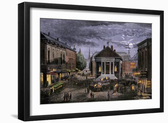 Lively Evening on Marche Square in Portland, Maine, circa 1870. 19Th Century Lithography.-null-Framed Giclee Print