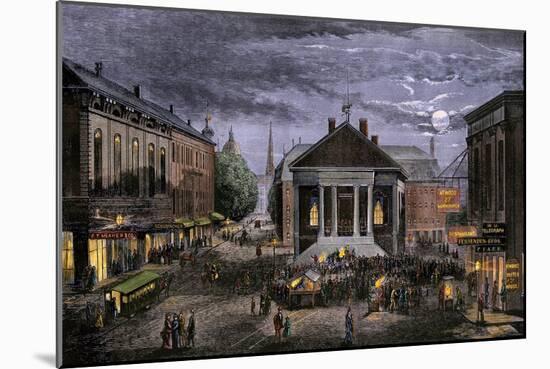 Lively Evening on Marche Square in Portland, Maine, circa 1870. 19Th Century Lithography.-null-Mounted Giclee Print