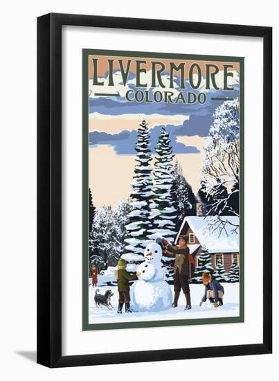 Livermore, Colorado - Snowman Scene-Lantern Press-Framed Art Print