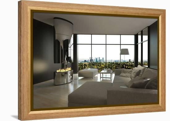 Living Room Interior with Open Fireplace and Floor to Ceiling Windows-PlusONE-Framed Premier Image Canvas