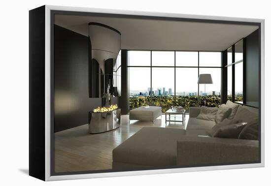 Living Room Interior with Open Fireplace and Floor to Ceiling Windows-PlusONE-Framed Premier Image Canvas
