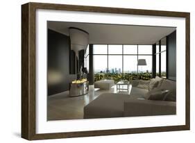 Living Room Interior with Open Fireplace and Floor to Ceiling Windows-PlusONE-Framed Photographic Print