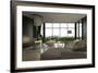Living Room Interior with Open Fireplace and Floor to Ceiling Windows-PlusONE-Framed Photographic Print