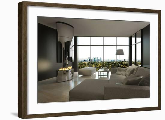 Living Room Interior with Open Fireplace and Floor to Ceiling Windows-PlusONE-Framed Photographic Print