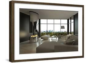 Living Room Interior with Open Fireplace and Floor to Ceiling Windows-PlusONE-Framed Photographic Print