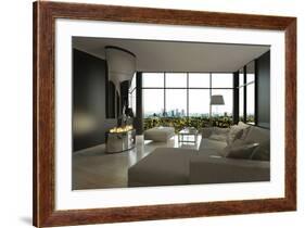 Living Room Interior with Open Fireplace and Floor to Ceiling Windows-PlusONE-Framed Photographic Print