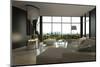 Living Room Interior with Open Fireplace and Floor to Ceiling Windows-PlusONE-Mounted Photographic Print