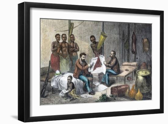 Livingstone and Stanley receiving newspapers in Central Africa, 1871-1873-Pearson-Framed Giclee Print