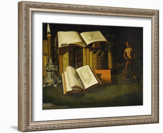 Livre, chandelle et statuette-Book, candle and statuette.-Sebastian Stosskopf-Framed Giclee Print