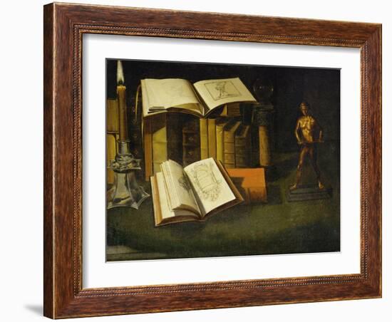 Livre, chandelle et statuette-Book, candle and statuette.-Sebastian Stosskopf-Framed Giclee Print