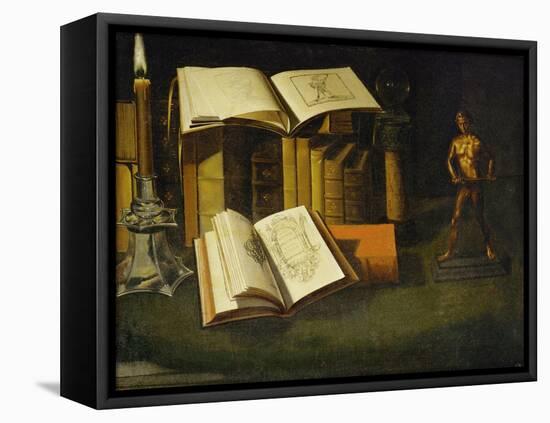 Livre, chandelle et statuette-Book, candle and statuette.-Sebastian Stosskopf-Framed Premier Image Canvas