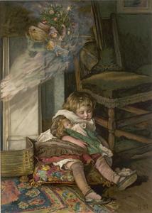 Small Girl Sleeping by the Fire with Her Dolly Dreams of the Joys of Christmas Day by Lizzie