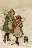 Two Girls and Their Dog Gather Mistletoe in the Snow-Lizzie-Photographic Print