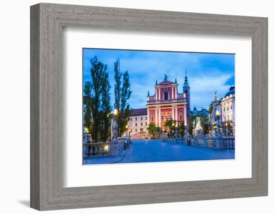 Ljubljana at Night. Franciscan Church of the Annunciation Seen from the Triple Bridge (Tromostovje)-Matthew Williams-Ellis-Framed Photographic Print