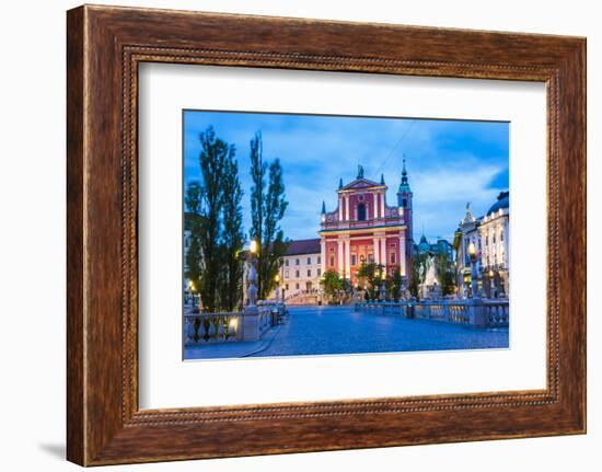 Ljubljana at Night. Franciscan Church of the Annunciation Seen from the Triple Bridge (Tromostovje)-Matthew Williams-Ellis-Framed Photographic Print