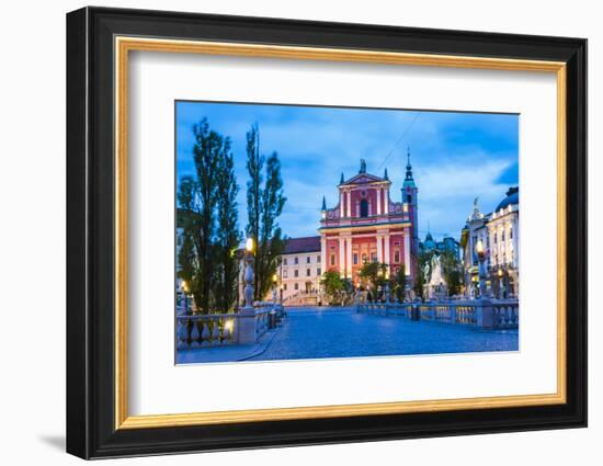 Ljubljana at Night. Franciscan Church of the Annunciation Seen from the Triple Bridge (Tromostovje)-Matthew Williams-Ellis-Framed Photographic Print