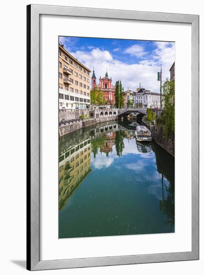 Ljubljana Triple Bridge and Franciscan Church of the Annunciation Reflected in Ljubljanica River-Matthew Williams-Ellis-Framed Photographic Print