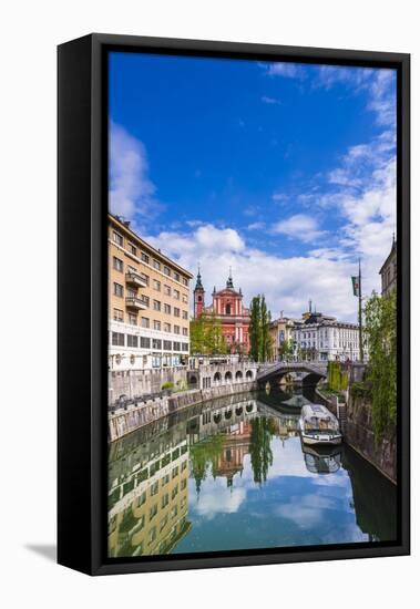 Ljubljana Triple Bridge and Franciscan Church of the Annunciation Reflected in Ljubljanica River-Matthew Williams-Ellis-Framed Premier Image Canvas