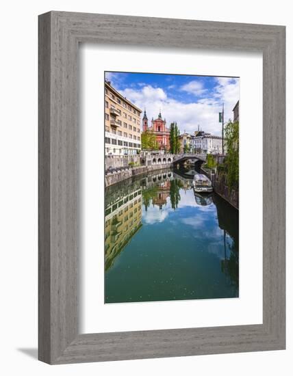 Ljubljana Triple Bridge and Franciscan Church of the Annunciation Reflected in Ljubljanica River-Matthew Williams-Ellis-Framed Photographic Print