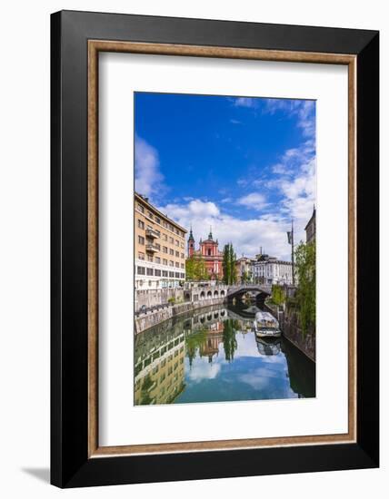 Ljubljana Triple Bridge and Franciscan Church of the Annunciation Reflected in Ljubljanica River-Matthew Williams-Ellis-Framed Photographic Print