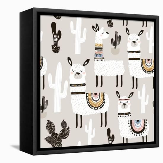 Llama and Cactus Pattern-SolodkayaMari-Framed Stretched Canvas