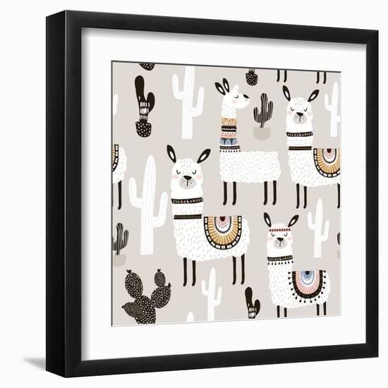 Llama and Cactus Pattern-SolodkayaMari-Framed Art Print