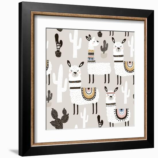 Llama and Cactus Pattern-SolodkayaMari-Framed Art Print