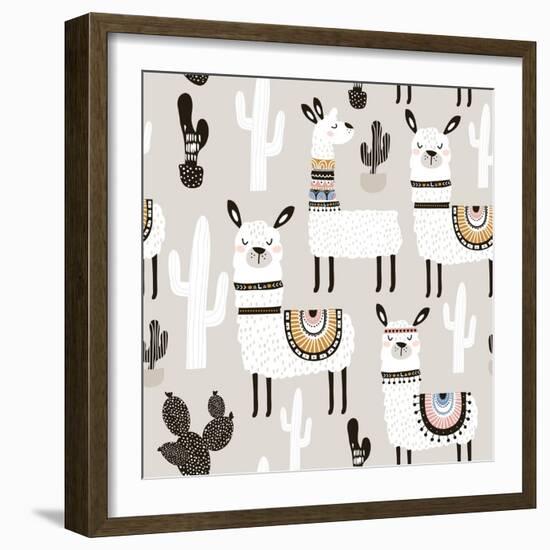 Llama and Cactus Pattern-SolodkayaMari-Framed Art Print