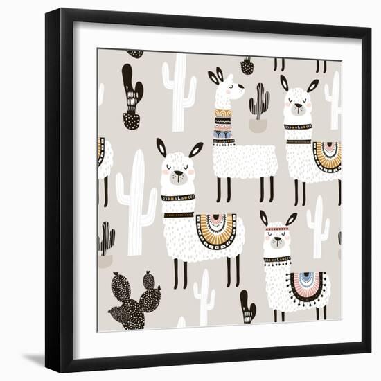 Llama and Cactus Pattern-SolodkayaMari-Framed Art Print