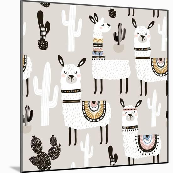 Llama and Cactus Pattern-SolodkayaMari-Mounted Art Print