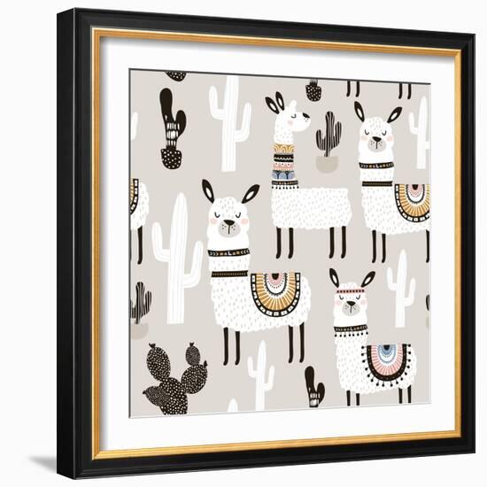 Llama and Cactus Pattern-SolodkayaMari-Framed Art Print