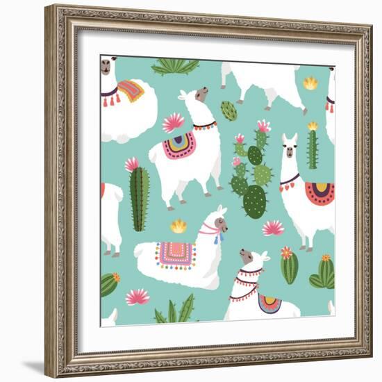 Llama and Cactus Pattern-ONYXprj-Framed Art Print