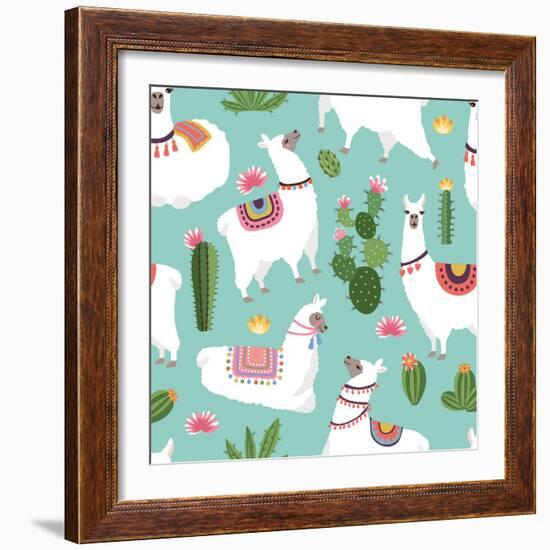 Llama and Cactus Pattern-ONYXprj-Framed Art Print