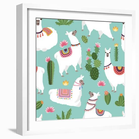 Llama and Cactus Pattern-ONYXprj-Framed Art Print