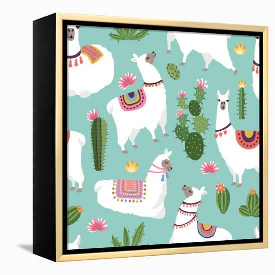 Llama and Cactus Pattern-ONYXprj-Framed Stretched Canvas