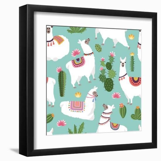 Llama and Cactus Pattern-ONYXprj-Framed Art Print